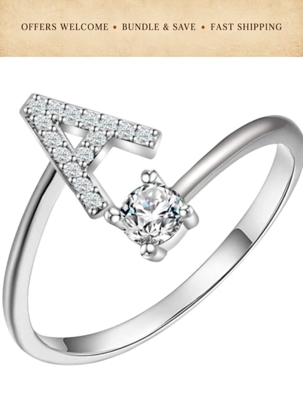 Silver Copper Initial Letter Ring Adjustable Stackable Crystal Inlaid Gift